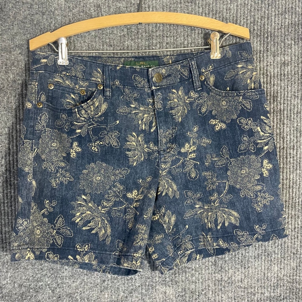 Lauren Ralph Lauren Floral Denim Shorts Womens L Blue Tan Preppy Summer Vacation